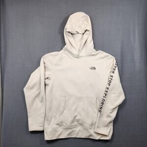 The North Face Hoodie Mens Medium Cream Kangaroo Pouch Never Stop Exploring FLAW